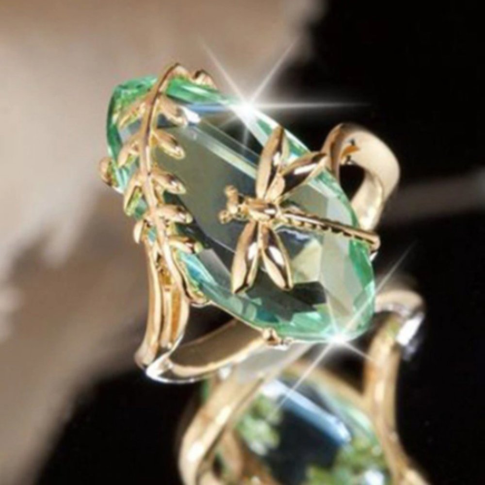 Yellow Gold Simulated Emerald Dragonfly Ring